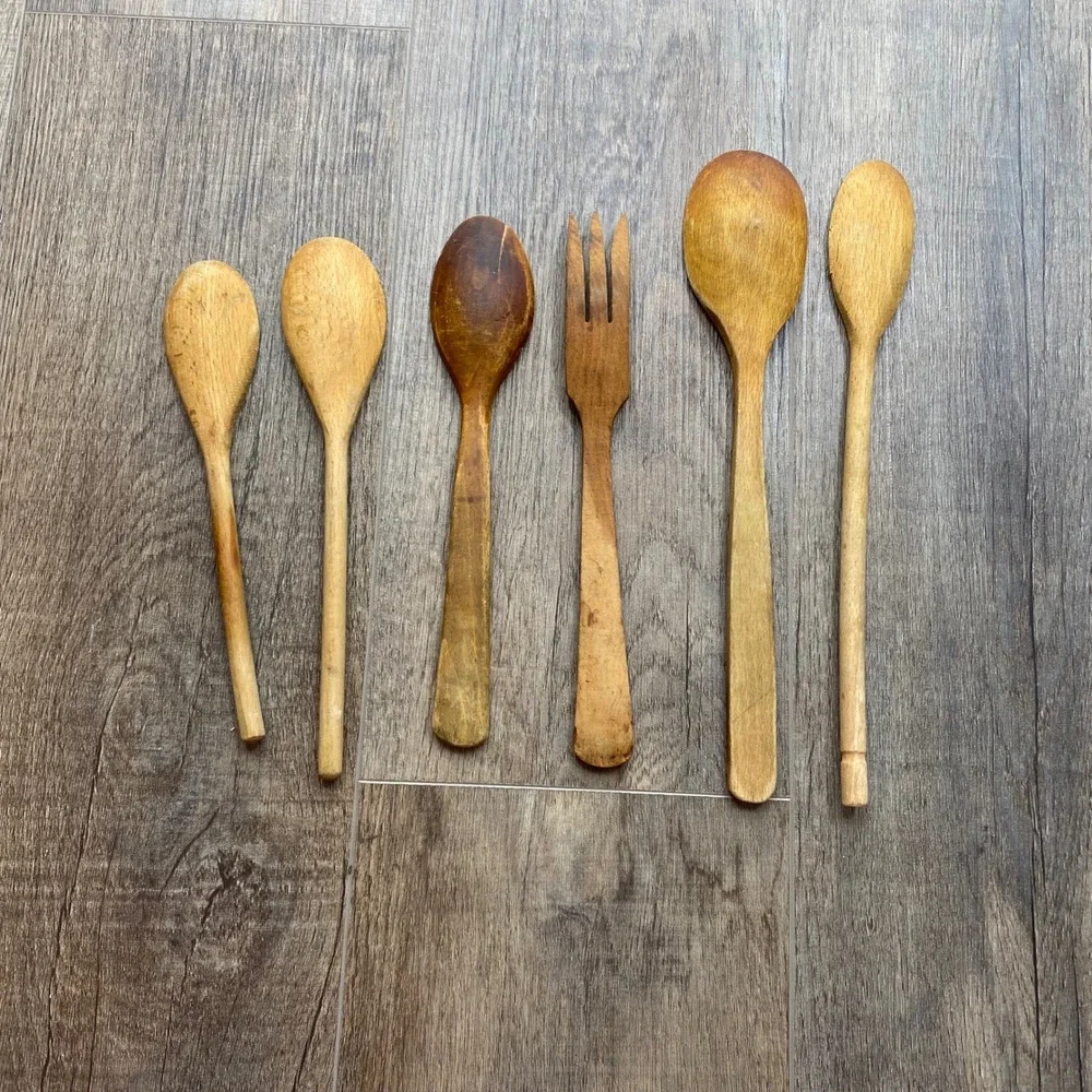 Vintage Wooden Kitchen Utensil‎ Set 6pc Rustic Hand Carved Spoons and Fork Set